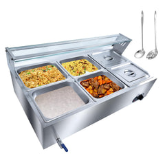 GARVEE 6-Pan Commercial Food Warmer, 72 Qt Electric Bain Marie, 1500W, Stainless Steel, Temp Control 86-185°F, Tempered Glass Cover, Suitable for Restaurants