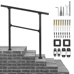 GARVEE Handrails for Outdoor Steps, 3 Step Handrail Fit 2 or 3 Steps Outdoor Stair Railing, Black Wrought Iron Stair Handrail with Installation Kit, Metal Porch Railing