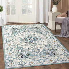 GARVEE Large Area Rug 8x10 Vintage Rug Boho Rug Non-Slip Washable Rug Low Pile Indoor Floor Cover Carpet Distressed Soft Foldable Accent Rug for Bedroom Living Room, 8’x10’, Blue Floral