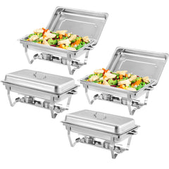 GARVEE Chafing Dish Buffet Set 4 Pack, 8 Qt Stainless Steel Chafer Buffet Servers and Warmers Sets with Lid Folding Frame, Rectangular Chafing Dishes for Parties, Weddings, Catering Events, Silver