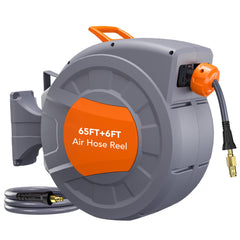 GARVEE Retractable Air Hose Reel - 65 FT x 3/8 IN with 6 FT Lead in Max 300 PSI, 180° Swivel Bracket Wall Mount Hybrid Air Compressor Hose Reel with Quick Coupler for Garage Workshop