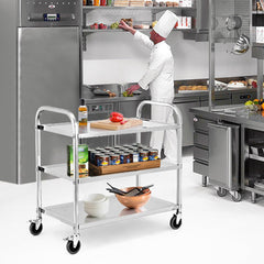 GARVEE 3 Tier Heavy Duty Trolley Rolling Cart, Stainless Steel Utility Cart with Handle and Locking Wheels, for Kitchen, Restaurant, Hospital, Laboratory and Home,  265Lbs - 95x50x95CM