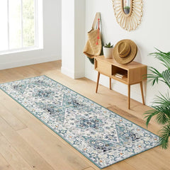 GARVEE Runner Rug 2x6 Hallway Rug Boho Vintage Indoor Floor Cover Print Carpet Non-Slip Washable Rug Distressed Area Rug Foldable Accent Rug for Kitchen Bedroom Living Room, 2’x6’, Blue Floral