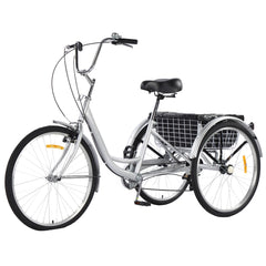 GARVEE 3 Wheel Bikes for Adults, 7 Speed Tricycles for Adults, 26 inch Adult Tricycles for Women Men Seniors with Dual Chain, Rear Basket and Bag, Adult Trikes for Shopping, Beach and City, Grey