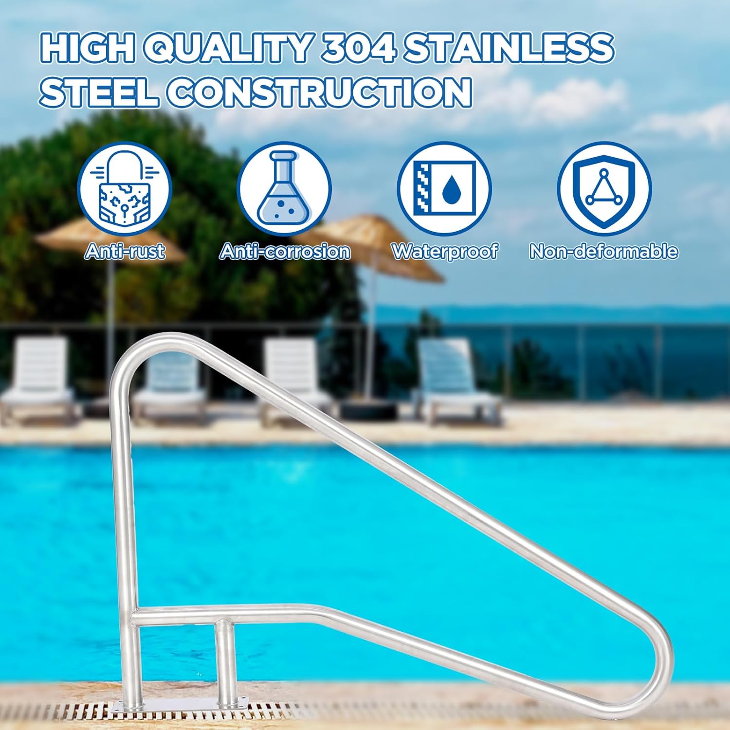 Pool Handrail 54x36 Pool Rail 304 Stainless Steel Silver Rustproof Pool Stair Rail with Blue Grip Cover Humanized Swimming Pool Railing, Quick Mount Accessories for Pools and Spas