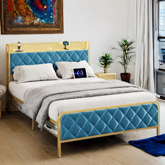 GARVEE Full Size Bed Frame, Storage Headboard with Charging Station, Platform Bed with Velvet Backrest, No Box Spring Needed, Easy Assembly, Teal