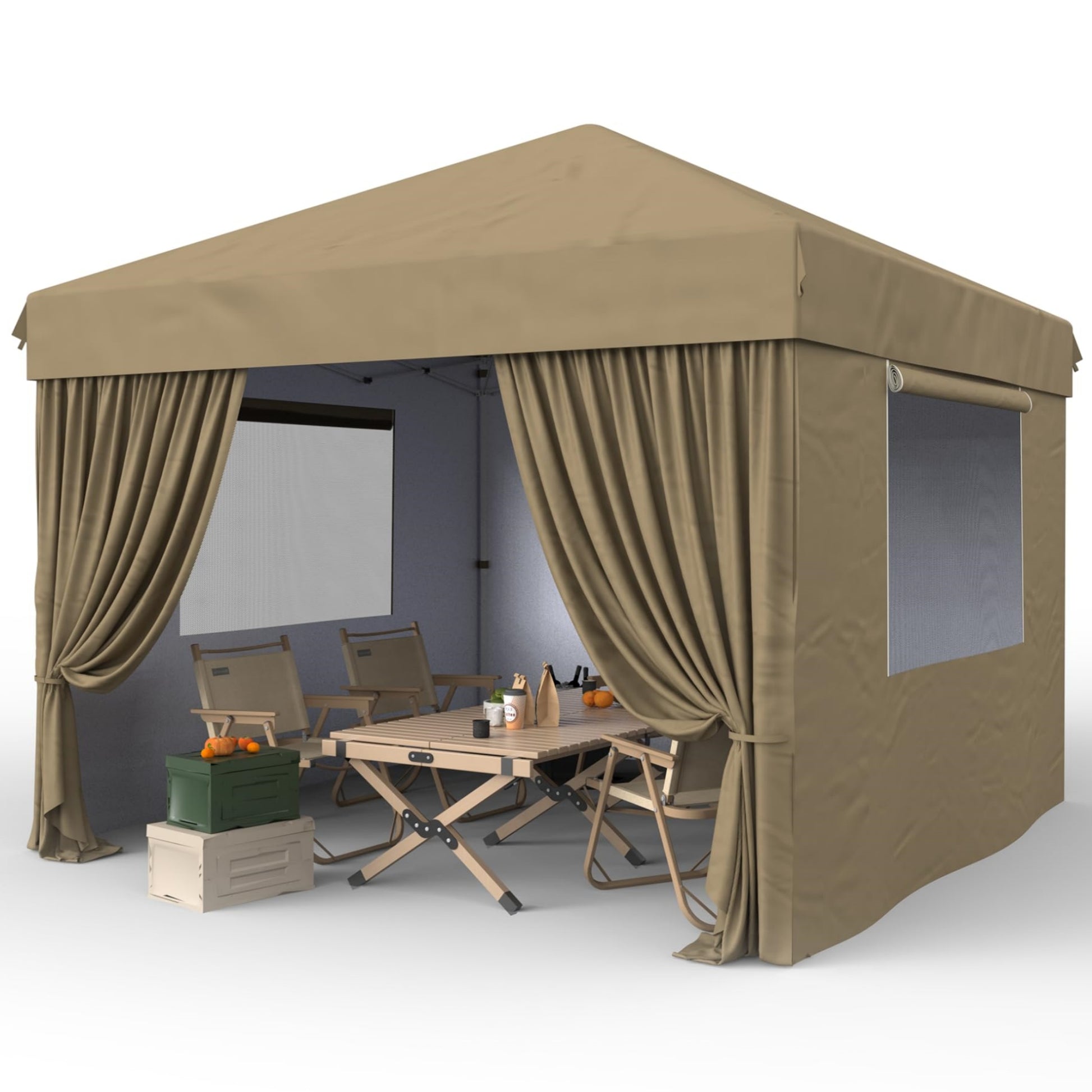 GARVEE 10x10 Ft Pop Up Canopy Tent Easy One Person Set-up, Instant Portable Shelter with 4Pcs Sidewalls 4 Sandbags for Patio, Outdoor Activities (Khaki)