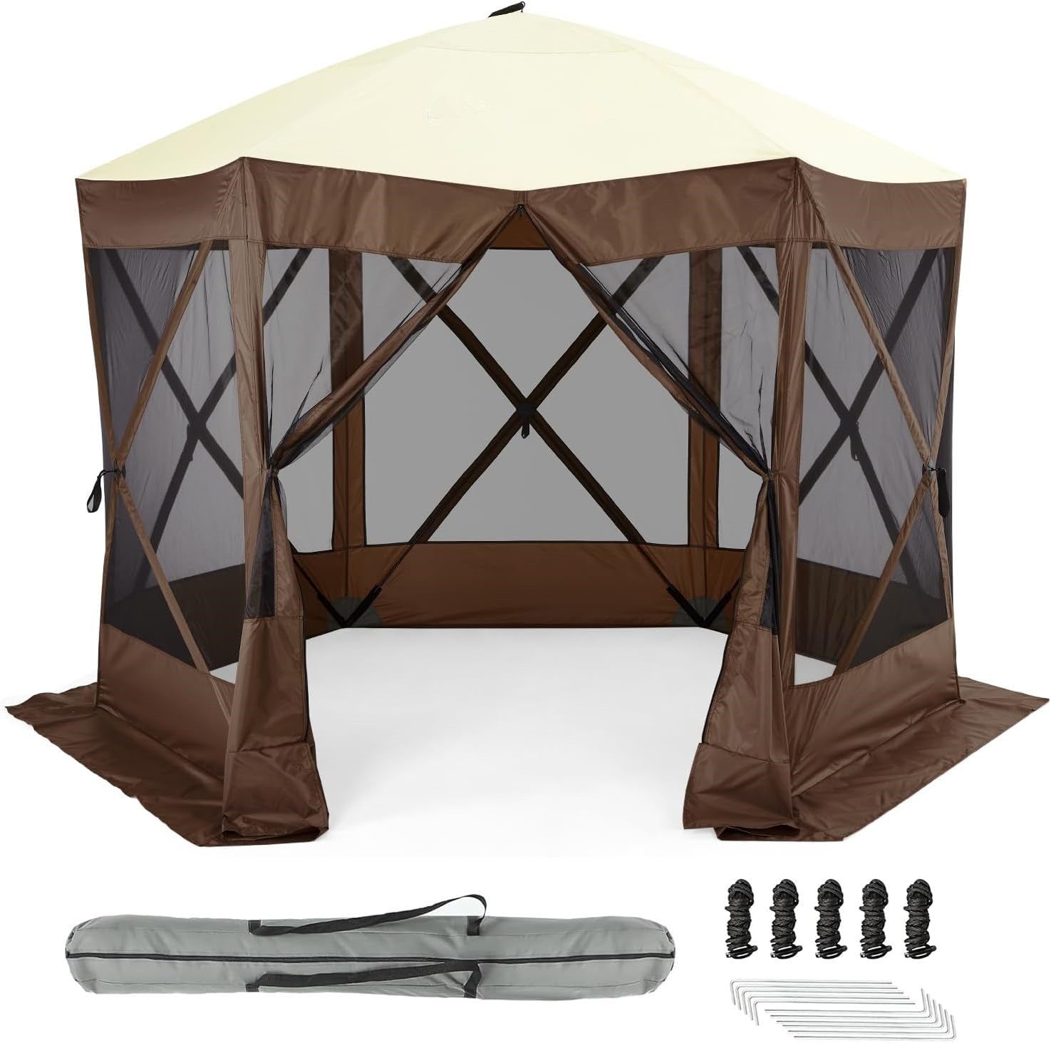 GARVEE 10x10ft Camping Gazebo, Portable Pop Up Canopy Screen Tent 6 Sided with Mesh Windows and Carry Bag for Camping, Outdoor, Picnic, Backyard Party Outside Activities, Brown