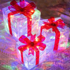 GARVEE 1pc/3pcs Christmas Lighted Gift Boxes Xmas Lighting Box with Bow for Christmas Party Home Indoor Porch Decoration Colorful Light red Bow 3pcs