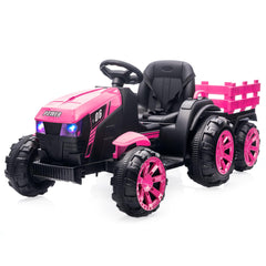 GARVEE 12V Kids Ride On Tractor with Trailer, LED Lights for Boy Girl - Pink