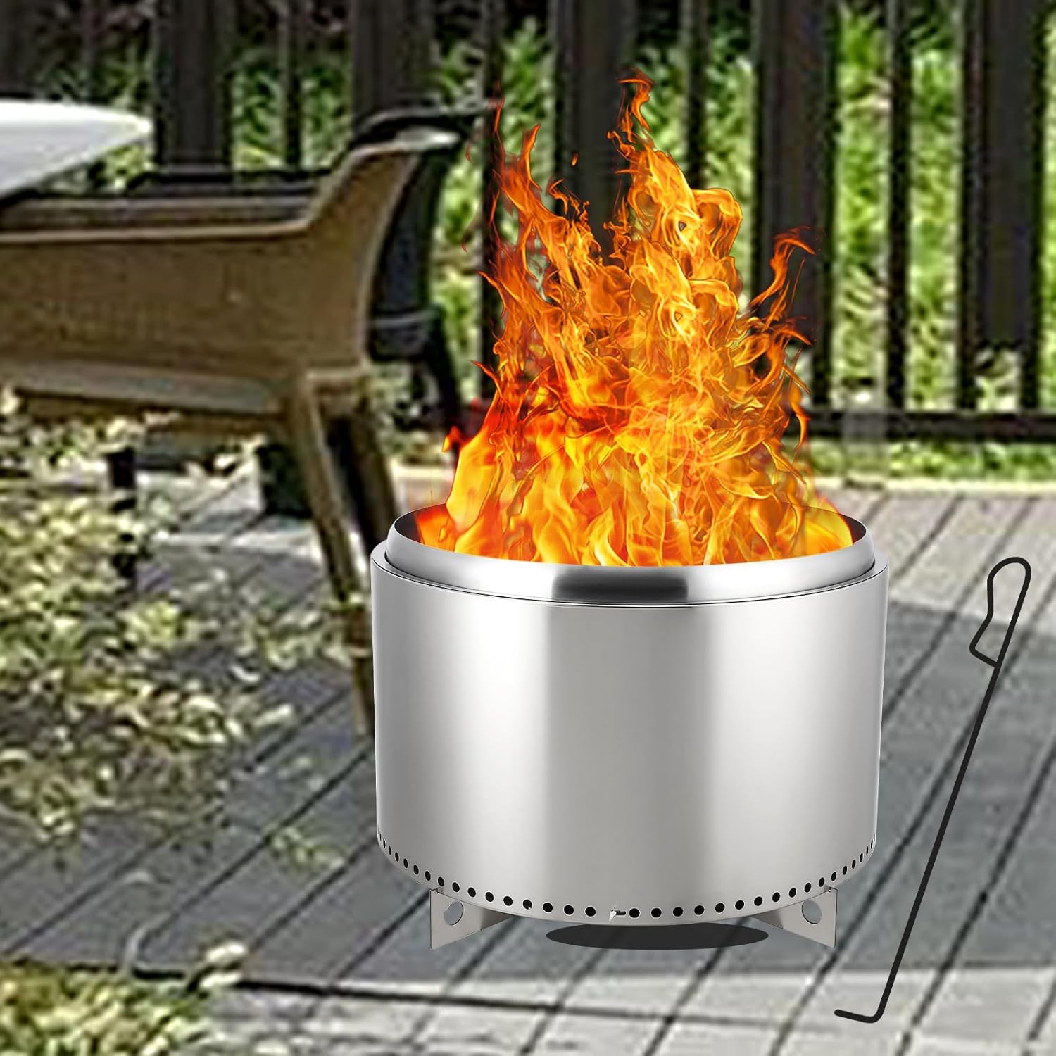 GARVEE 27" Smokeless Fire Pit with Air Switch,Without handle,Portable Stainless Steel, Fixed Stand & Stove Hook, Ash Pan, for Camping, Backyard, Patio