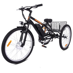 Adult 3-Wheel Electric Bike, 7-Speed Electric Trike with Basket - Black Orange / 24 inch Wheel