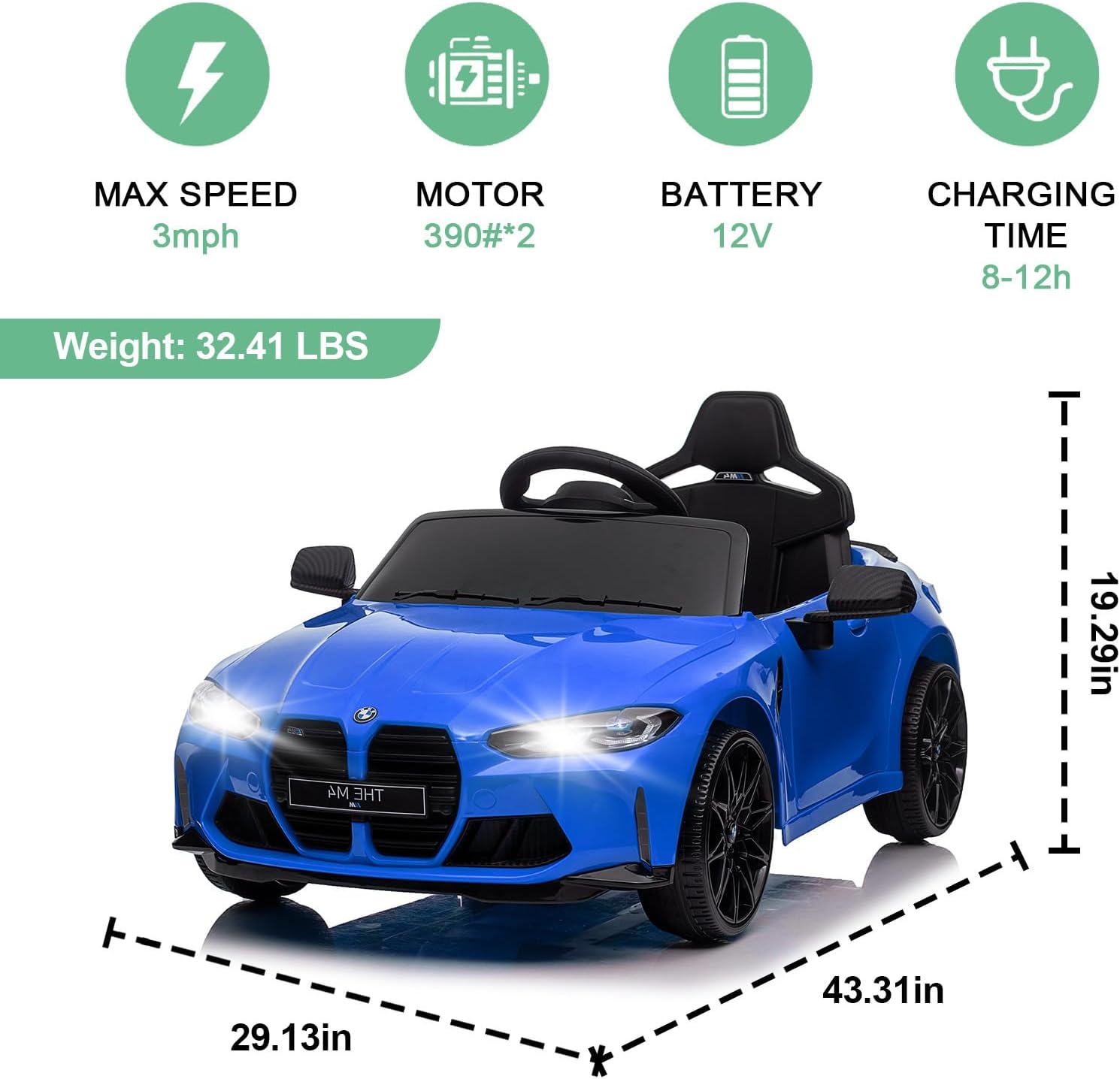 GARVEE 12V Electric Ride On Car w/RC,Licensed by BMW M4 Toddler Electric Vehicle for 37-83 Months,Power Wheels for Boys Girls, with Suspension System,3 Speeds, Bluetooth, MP3, Double Door, LED Light - Blue