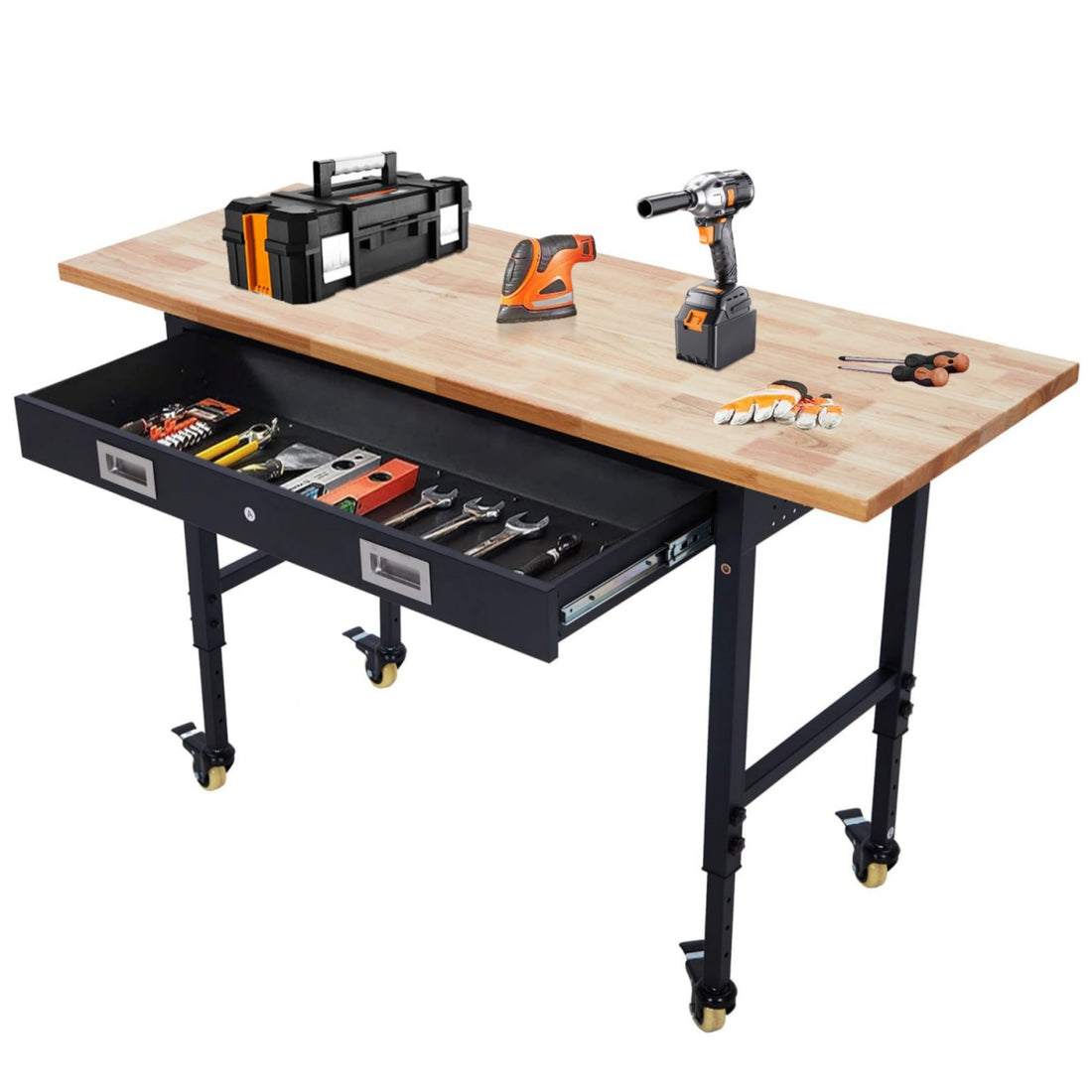 GARVEE 60x22 Inch Workbench with Drawer Storage, Adjustable Height Worktable for Garage, Rubber Wood Top Heavy Duty Workbench with Power Outlet & 4 Lockable Wheels, 2000lbs Load Capacity for Workshop Home