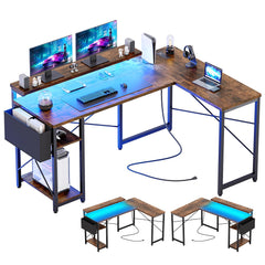 GARVEE L Shaped Gaming Desk with LED Lights & Power Outlet, 54 Inch Reversible Modern Corner Desk, Wooden, Storage Shelves, Ergonomic Design, Home Office