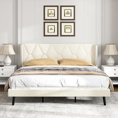 Garvee Queen Bed Frame, Velvet Platform Queen Bed with Wingback Headboard, Upholstered Bed Frame, Solid Wooden Slats Support, No Box Spring Needed, Beige