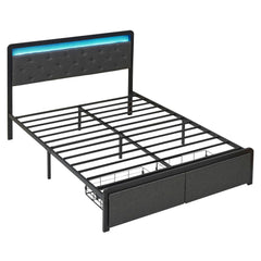 GARVEE Queen Bed Frame with Drawers, Upholstered Platform, Storage & LED Lights, Linen Fabric, Metal Slats, Easy Assembly, Dark Grey