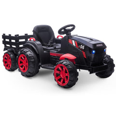 GARVEE 12V Kids Ride On Tractor with Trailer, LED Lights for Boy Girl - Black