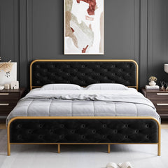 GARVEE Elegant Button Tufted Velvet Upholstered Bed Frame, Noise Free, Gold-Beige - Black