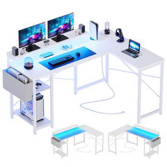 GARVEE L Shaped Gaming Desk with Power Outlet & LED Light, 54 Inch Reversible Modern Corner Desk, Adjustable Shelves, Ergonomic Design, Suitable for Home Office & Small Spaces (White)