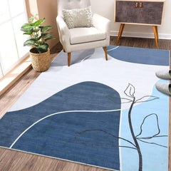 GARVEE Boho Art Area Rug 3x5 Machine Washable Rug Modern Abstract Bedroom Rug Soft Velvet Carpet Non Slip Entryway Rug Low Pile Lightweight Indoor Rug for Bedside Office, Beige/Blue