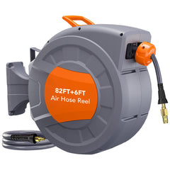 GARVEE Retractable Air Hose Reel 82 FT x 3/8 IN with 6 FT Lead in Max 300 PSI, 180° Swivel Bracket Wall Mount Hybrid Air Compressor Hose Reel with Quick Coupler for Garage Workshop