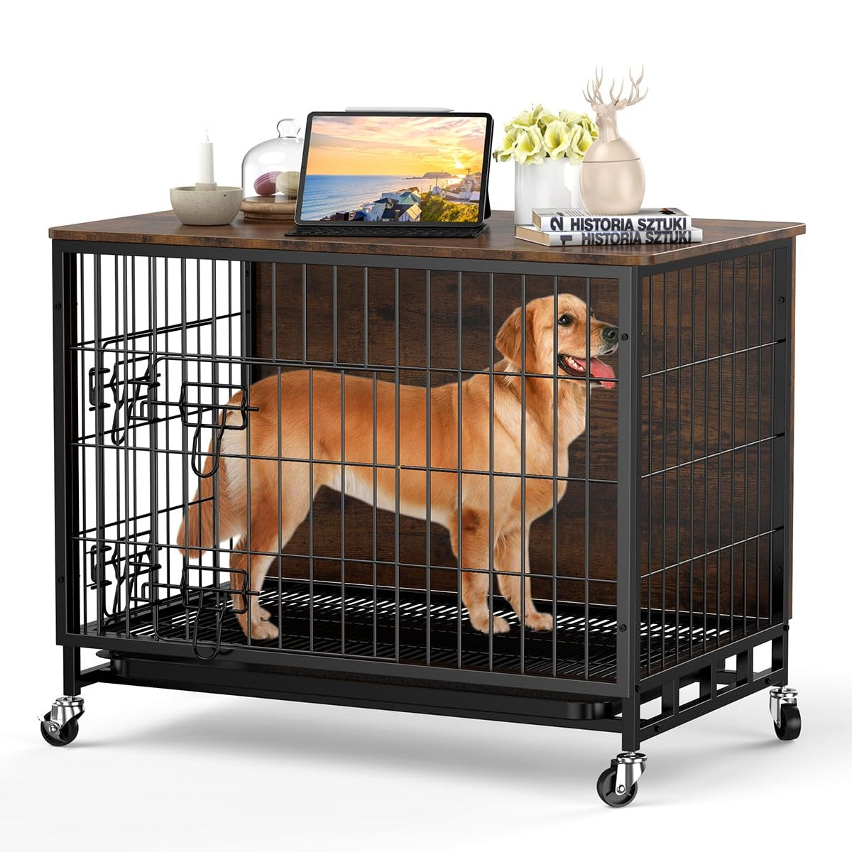 GARVEE Dog Crate Furniture, Dog Kennel Indoor Double Doors Wooden Dog Cage, 38'' Dog Crate with Pull-Out Tray & Removable Wheels, Decorative End Table Pet House Chew-Resistant for Large Dog, Rustic Brown