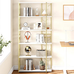 GARVEE Modern Bookcase Tall Standing Bookshelf 70.8 inch Storage Rack Shelf with Metal Frame Large Unique Display Racks Elegant Bookshelf for Bedroom, Living Room, Home Office, White/Gold