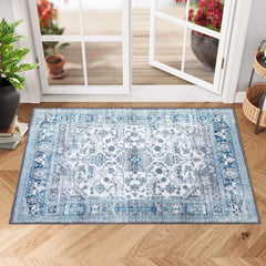 GARVEE Small Area Rug 2x3 Vintage Entryway Rug Indoor Print Distressed Carpet Non Slip Washable Rug Foldable Accent Rug Lightweight Kitchen Bathroom Living Room, Boho Grey/Blue, 2’x3’