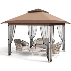 GarveeLife 12ft*12ft Gazebo Outdoor Canopy Tent with Curtains and 144 Square Shelter for Patio,Backyard Party, with Mosquito Netting, 2-Tiered Vented Top, Khaki