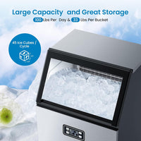 EastVita Commercial Ice Maker Machine with 33LBS Storage Bin& Ice Scoops 100LBS/24H Ice Maker Stainless Steel Freestanding Ice Machine for Restaurant Home Bars Coffee Shop