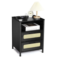 LinTimes LED Nightstand, Bedside Table with 2 Rattan Decor Drawers, Modern End Table with USB Ports and Outlets for Bedroom Living Room Office Dorm, Black