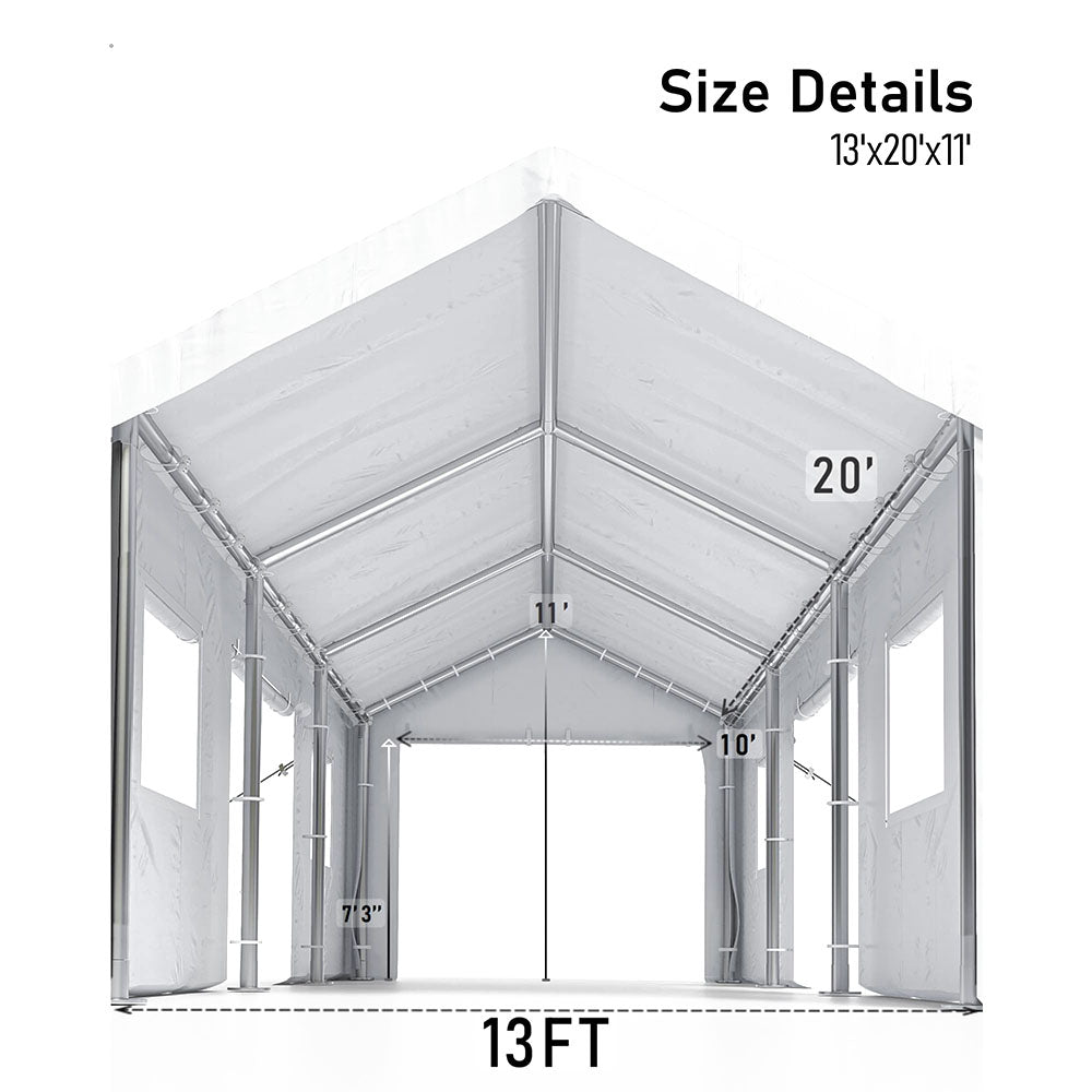 GARVEE Carport 10'x20' Heavy Duty Portable Garage, 1.0 mm Steel Poles & 180 g PE Waterproof Canopy, with Front & Rear Doors, 2 Side Doors, and 4 Windows, for Pickup Truck, and Boat, White