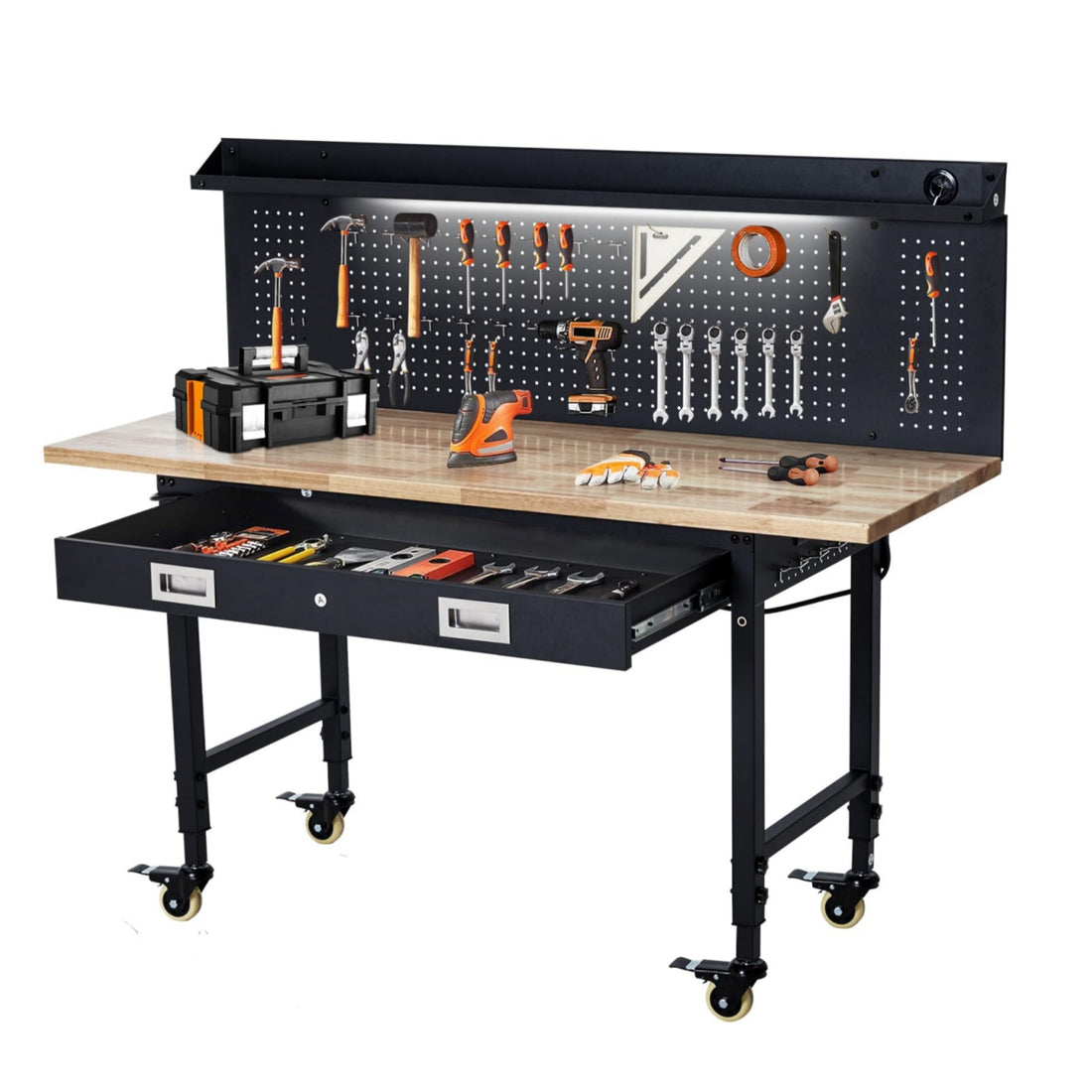 GARVEE 60"x 22" Adjustable Workbench + Drawer Storage + Heavy Duty + Rubber Wood Top + Removable Pegboard + Power Outlet + Hooks + Tool Storage + Garage, Warehouse, Workshop