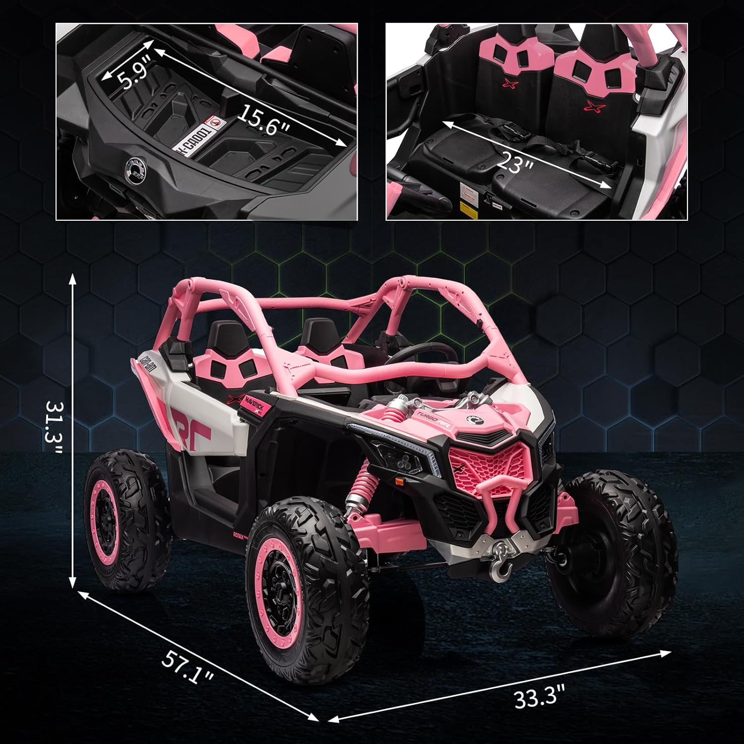 GARVEE 2-Seater Can-Am Ride-On UTV: 4WD, Remote Control, 2x24V Batteries, 4x200W Motors, 23" Seat, EVA Tires, Spring Suspension, for Kids - Pink