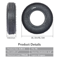 2-Pk Trailer Tires, 2-Pack Trailer Radial Tires, 4.80-12 6PR, Load Range C, 6 Ply Spoke Wheel,Suitable for All Kinds of Small and Light Trailers, 4.80-12 6PR