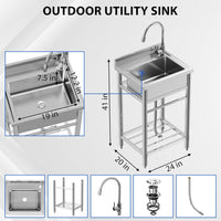 GARVEE Utility Sink,24 * 20 * 41 inch Independent Sink With Pull-Out Faucet,Adjustable Support Feet,Stainless Steel Sink With Hot & Cold Hoses,Stainless Steel Sink Suitable For Kitchen And Restaurant Use