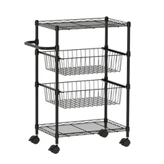 GARVEE 4 Tier Rolling Carts, Metal Wire Utility Cart with Wheels & Handle Bar, 110 Lbs Heavy Duty Kitchen Serving Trolley Food Storage Cart for Restaurant, Kitchen Mobile Shelf Organizer, Black