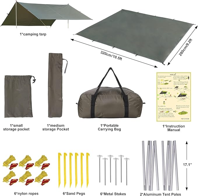 GARVEE Camping Tarp, Hammock Rain Fly Camping Tarp Waterproof with 2 Aluminum Poles, Lightweight Backpack Tent tarp for Traveling, Green - 10X9FT