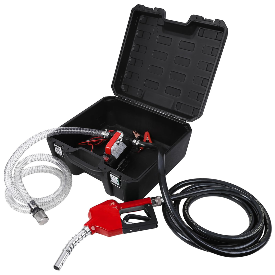 Garvee 12 Volt Fuel Transfer Pump Kit, 10GPM/40LPM Portable Electric Self-Priming Fuel Transfer Extractor Pump Kit with Portable Case, Aluminum Automatic Nozzle, 360 Swivel Connector, Red