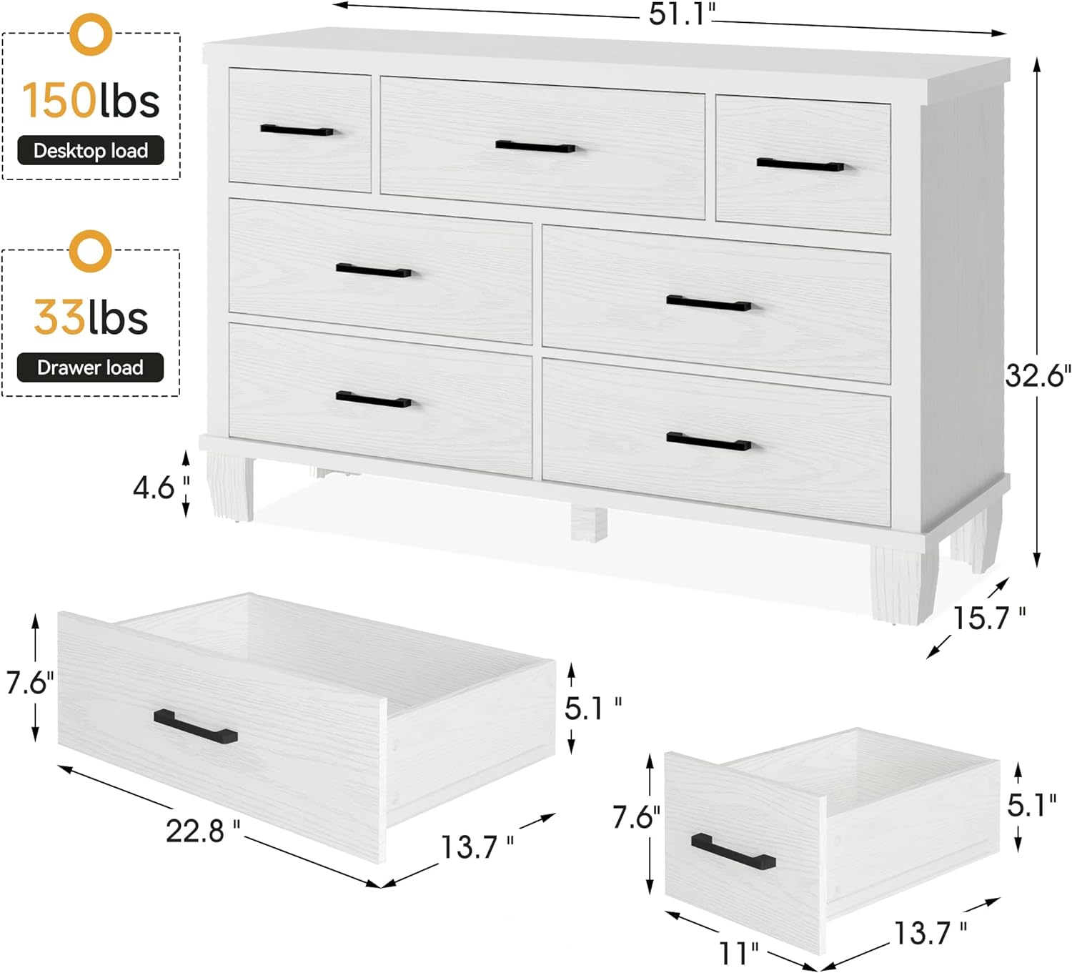 GARVEE 7-Drawer White Dresser with Metal Handles + Large Storage Capacity + Wood Construction + Anti-Tip Safety + Modern Design for Bedroom, Closet, Living Room, White