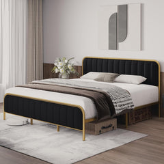 GARVEE Full Size Velvet Platform Bed Frame + Modern Design + Heavy Duty Mattress Foundation + Wood Slats + Noise Free + Tufted Headboard + Bedroom in Black