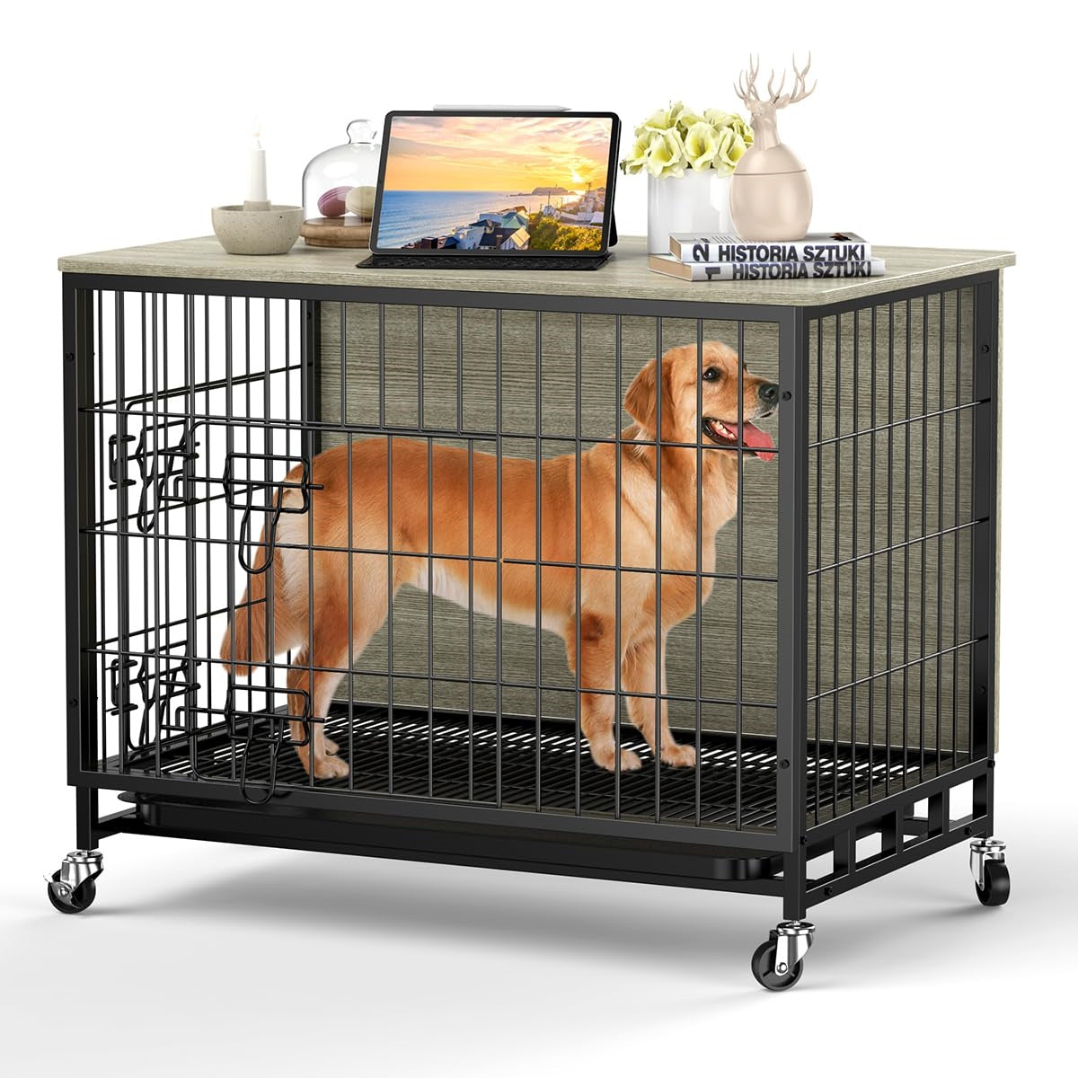 GARVEE Dog Crate Furniture with Cushion, Dog Kennel Indoor with Wheels, Dog Crate End Table with Tray, 27.2" Dog Cage with Double Doors for Small Dog (Rustic Gray)