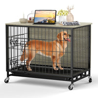 GARVEE Dog Crate Furniture with Cushion, Dog Kennel Indoor with Wheels, Dog Crate End Table with Tray, 27.2" Dog Cage with Double Doors for Small Dog (Rustic Gray)