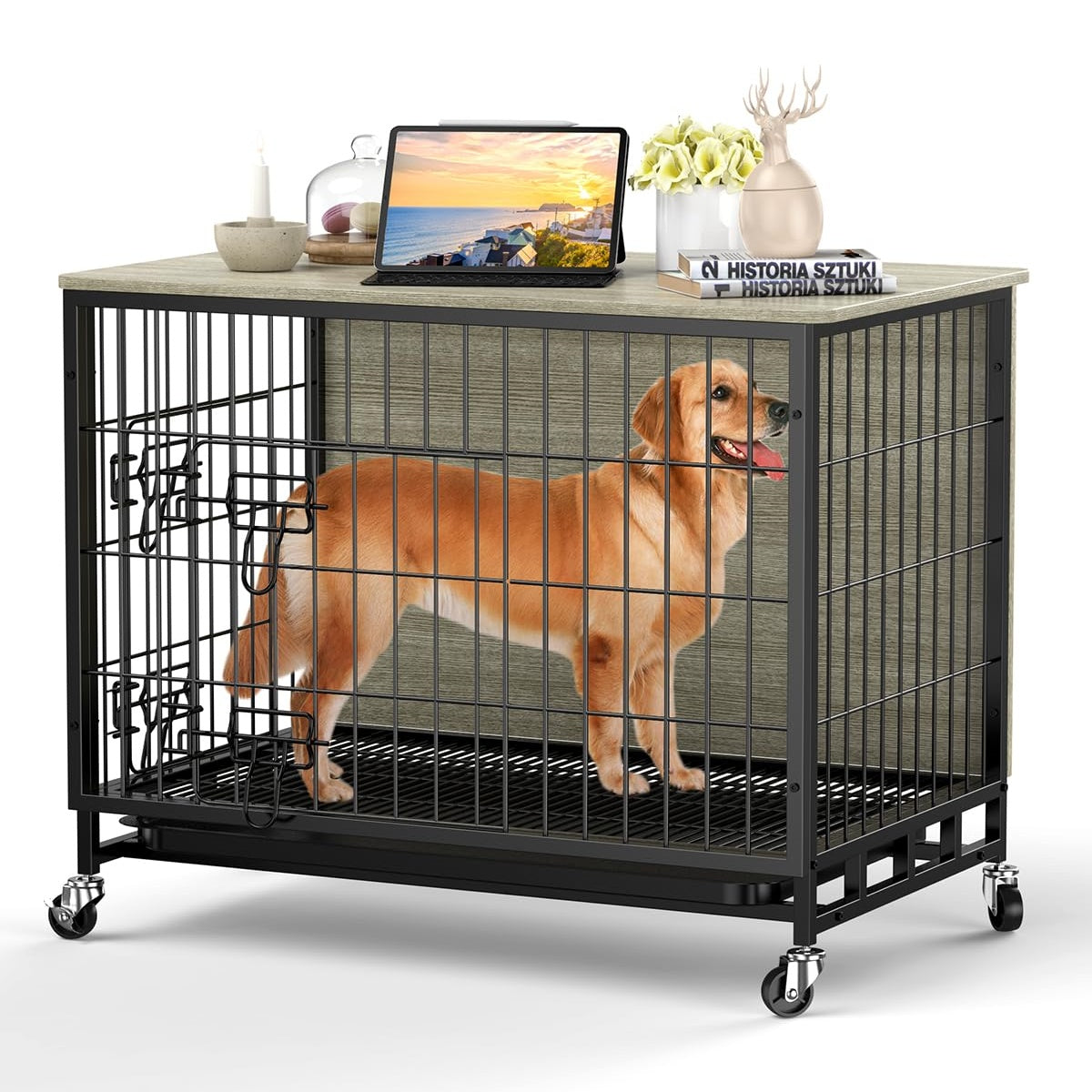 GARVEE Dog Crate Furniture, Dog Kennel Indoor Double Doors Wooden Dog Cage, 38'' Dog Crate with Pull-Out Tray & Removable Wheels, Decorative End Table Pet House Chew-Resistant for Large Dog, Rustic Grey