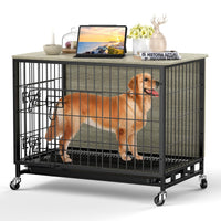 GARVEE Dog Crate Furniture, Dog Kennel Indoor Double Doors Wooden Dog Cage, 38'' Dog Crate with Pull-Out Tray & Removable Wheels, Decorative End Table Pet House Chew-Resistant for Large Dog, Rustic Grey