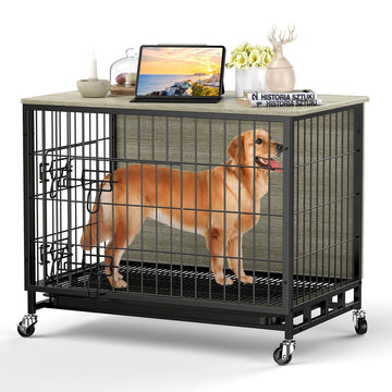 GARVEE Dog Crate Furniture, Dog Kennel Indoor Double Doors Wooden Dog Cage, 38'' Dog Crate with Pull-Out Tray & Removable Wheels, Decorative End Table Pet House Chew-Resistant for Large Dog, Rustic Grey