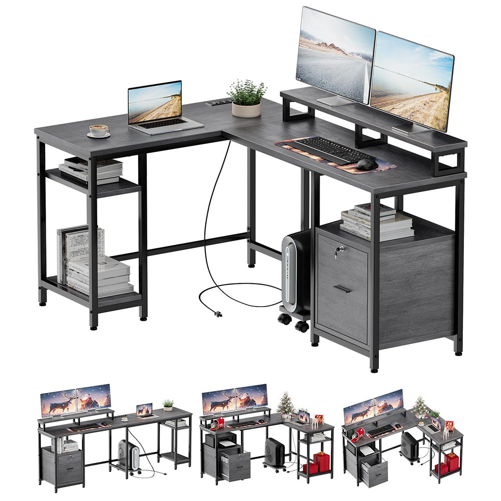 GARVEE L Shaped Computer Desk 67" Reversible Gaming Desk with Power Outlet, File Drawer, 2 Monitor Stands, Adjustable Storage Shelf, Rustic Gray, Home Office