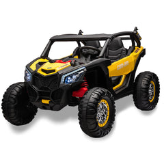 GARVEE 24V 2 Seater Kids Ride on UTV Car w/Remote Control, 4WD Powerful Electric Vehicle with 4x75W Motors, 4 Shock Absorber, Leather Seat, Music and Light, Electric Car for Kids - Yellow