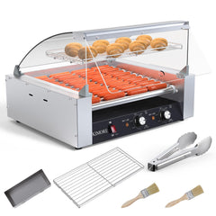 GARVEE Hot Dog Roller, 30 Hot Dog 11 Roller Grill Cooker Machine with Glass Warming Cover,LED Lighting, Removable Drip Tray, Stainless Steel Hot Dog Machine for Commercial Use